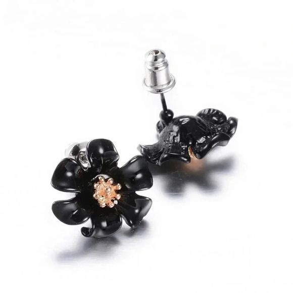 Elegant Retro Black Enamel with Gold Stamen Tropical Flower Stud Earrings - Picture 2 of 2